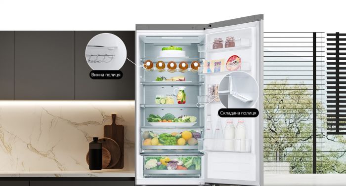 Холодильник LG з нижн. мороз., 203x60х68, холод.відд.-277л, мороз.відд.-107л, 2дв., А++, NF, інв., диспл зовн., Fresh Сonverter, Metal Fresh, сріблястий