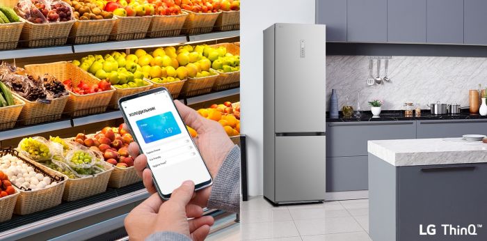 Холодильник LG з нижн. мороз., 203x60х68, холод.відд.-277л, мороз.відд.-107л, 2дв., А++, NF, інв., диспл зовн., Fresh Сonverter, Metal Fresh, сріблястий