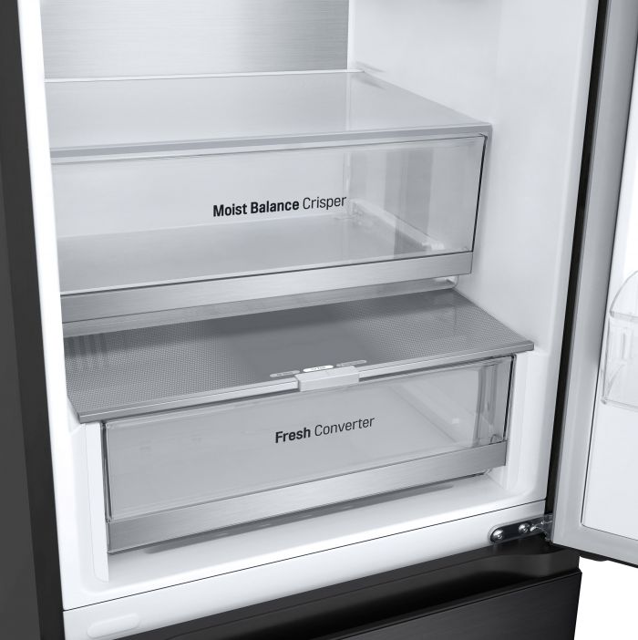 Холодильник LG з нижн. мороз., 203x60х68, холод.відд.-277л, мороз.відд.-107л, 2дв., А++, NF, інв., диспл внутр., Fresh Сonverter, Metal Fresh, чорний