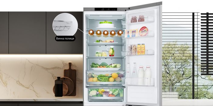 Холодильник LG з нижн. мороз., 203x60х68, холод.відд.-277л, мороз.відд.-107л, 2дв., А++, NF, інв., диспл внутр., Fresh Сonverter, Metal Fresh, сріблястий