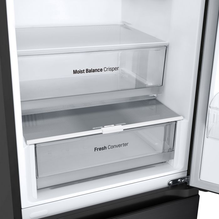 Холодильник LG з нижн. мороз., 203x60х68, холод.відд.-277л, мороз.відд.-107л, 2дв., А++, NF, інв., диспл зовн., Fresh Сonverter, чорний матовий