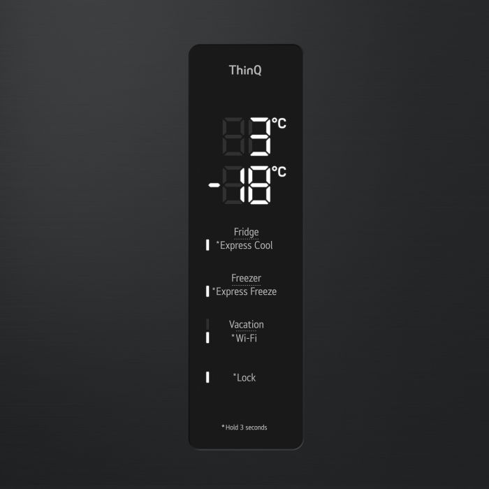 Холодильник LG з нижн. мороз., 203x60х68, холод.відд.-277л, мороз.відд.-107л, 2дв., А++, NF, інв., диспл зовн., Fresh Сonverter, чорний матовий