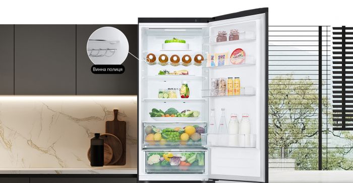 Холодильник LG з нижн. мороз., 203x60х68, холод.відд.-277л, мороз.відд.-107л, 2дв., А++, NF, інв., диспл зовн., Fresh Сonverter, чорний матовий