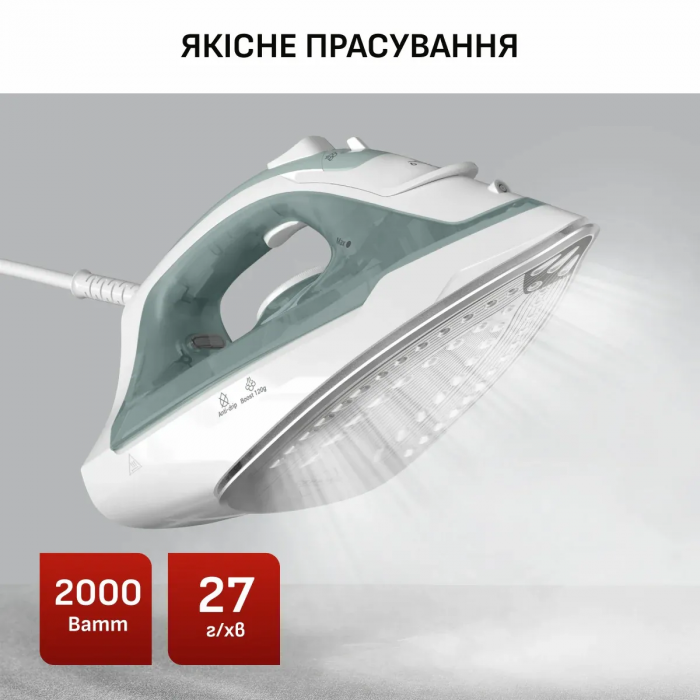 Праска Tefal Virtuo 30, 2000Вт, 240мл, паровий удар -120гр, постійна пара - 27гр, керам. підошва, біло-зелений