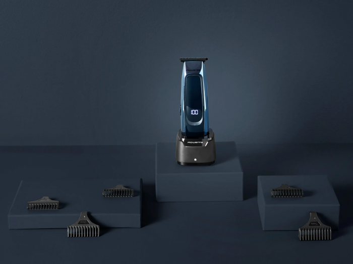 Тример Rowenta Barber Experience, для голови, бороди, мережа+акум., роторний мотор, насадок-5, нержавіюча сталь з покриттям DLC, чорно-синій