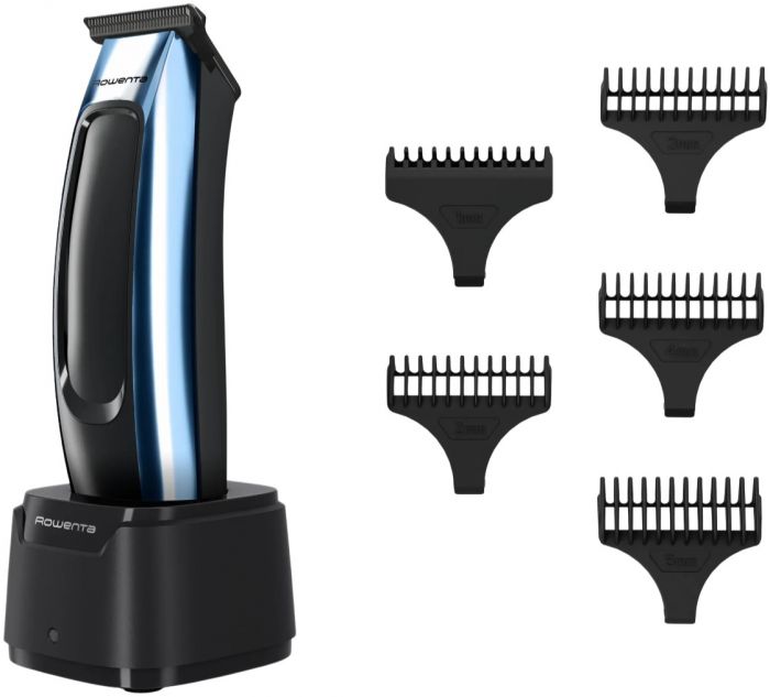 Тример Rowenta Barber Experience, для голови, бороди, мережа+акум., роторний мотор, насадок-5, нержавіюча сталь з покриттям DLC, чорно-синій