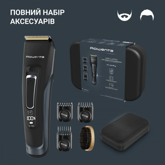 Машинка для стрижки Rowenta Advancer, для бороди, вусів, голови, мережа+акум., роторний мотор, насадок-3, кейс, титан.напил., темно-синій