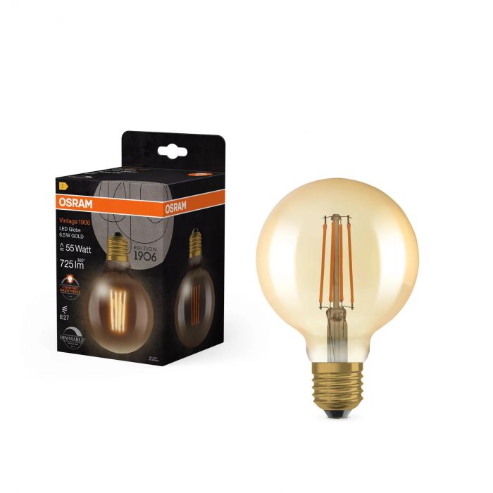 Лампа OSRAM LED E27 6.5Вт 2700К 725Лм G95 філаментна димується Vintage 1906