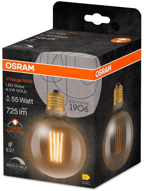 Лампа OSRAM LED E27 6.5Вт 2700К 725Лм G95 філаментна димується Vintage 1906