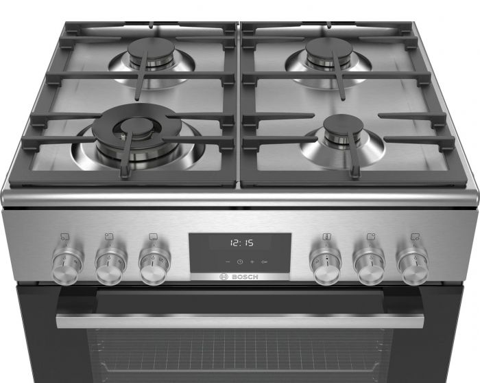 Плита Bosch комбінована, 66л, 60x60см, дисплей, конвекція, чавун, WOK, нержавіюча сталь