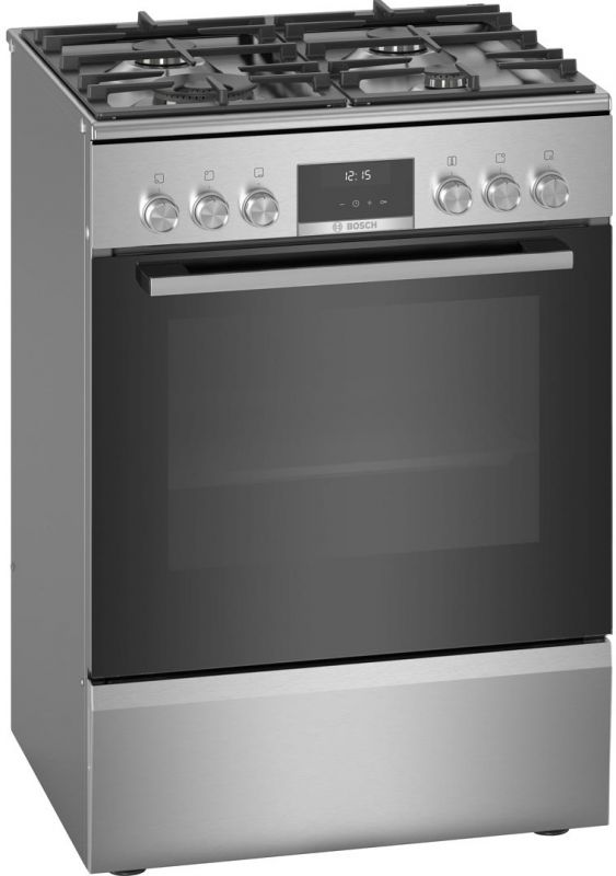 Плита Bosch комбінована, 66л, 60x60см, дисплей, конвекція, чавун, WOK, нержавіюча сталь