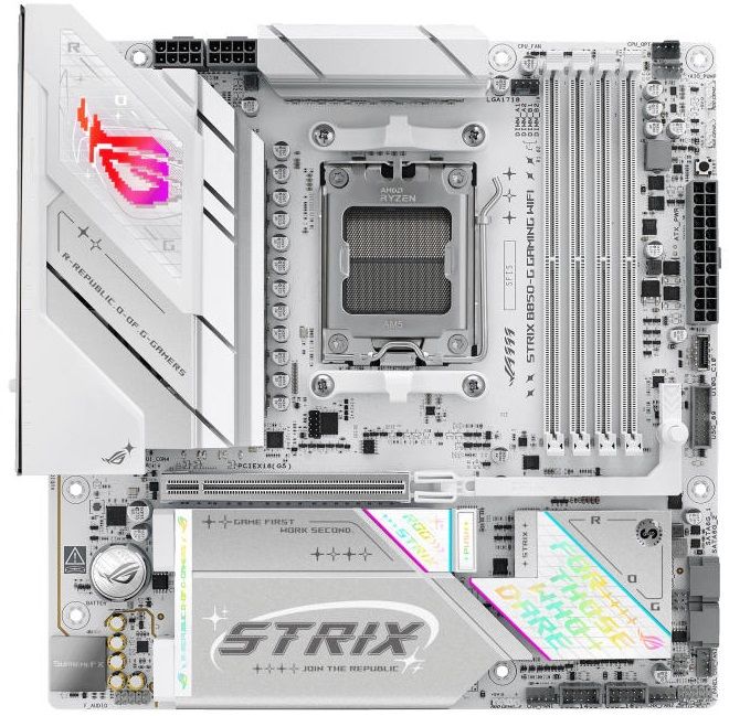 Материнcька плата ASUS ROG STRIX B850-G GAMING WIFI sAM5 B850 4xDDR5 M.2 HDMI DP WiFi BT mATX білий