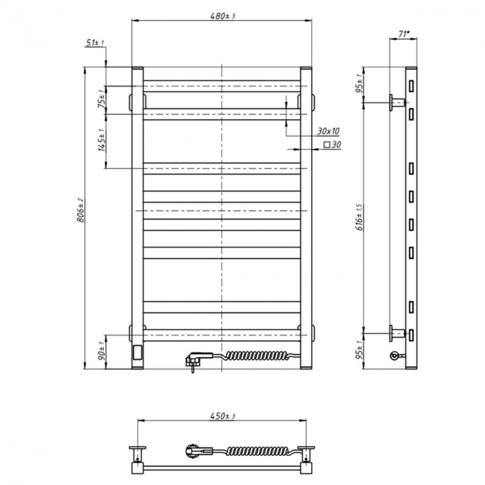 Рушникосушка Navin електрична Авангард, 800х480х71мм, таймер-регулятор, сталь, чорний муар, праве підключення