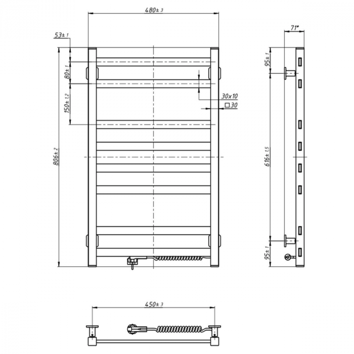 Рушникосушка Navin електрична Авангард, 800х480х71мм, кнопка, сталь, чорний муар, праве підключення