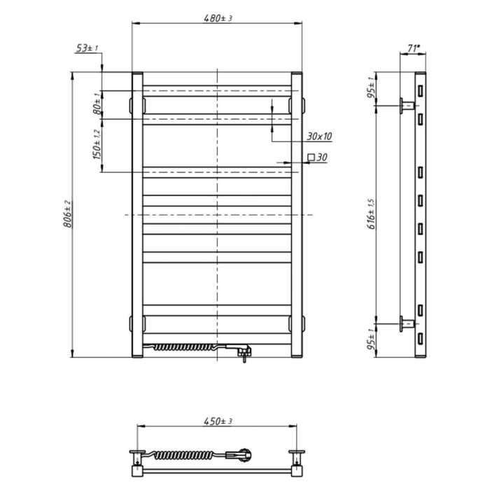 Рушникосушка Navin електрична Авангард, 800х480х71мм, кнопка, сталь, чорний муар, ліве підключення