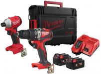 Набір із двох акумуляторних інструментів Milwaukee M18 BLPP2A3-502X 18В шурупокрут-дриль M18 BLPD2 гвинтоверт ударний M18 BLIDR акб М18 2х5А·год ЗП M12-18FC кейс