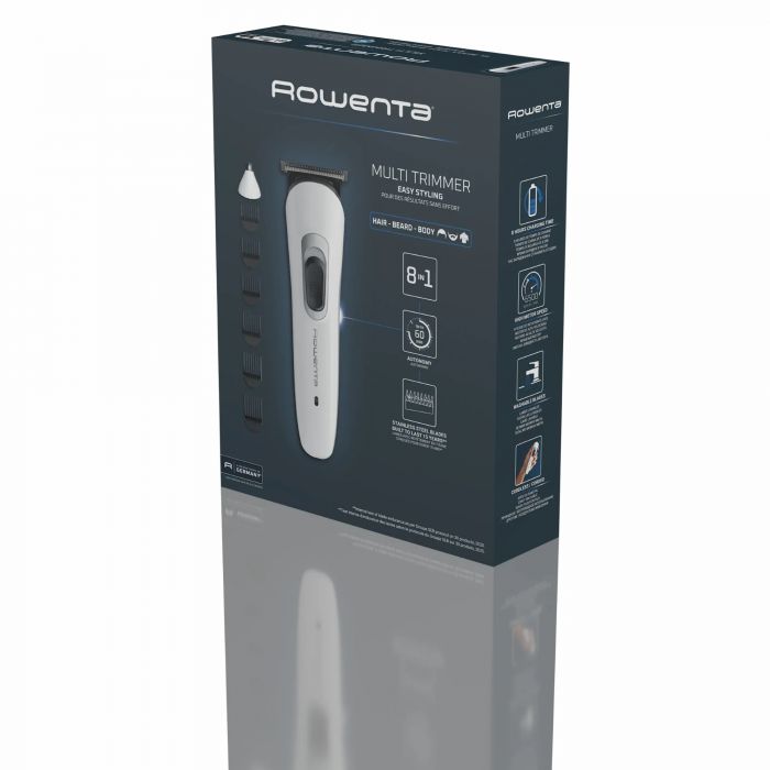 Тример Rowenta Trim&Style, для бороди, носа, вусів і голови, мережа+акум., насадок-7, сталь, білий