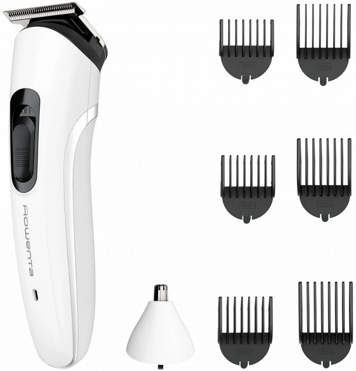 Тример Rowenta Trim&Style, для бороди, носа, вусів і голови, мережа+акум., насадок-7, сталь, білий