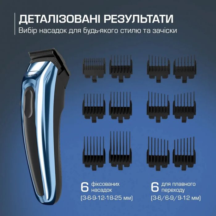 Машинка для стрижки Rowenta Barber Experience, для голови, мережа+акум., роторний мотор DC, насадок-12, нержавіюча сталь з покриттям DLC, синій