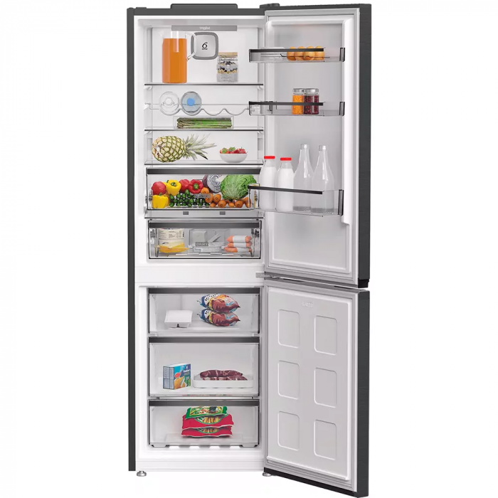 Холодильник Whirlpool з нижн. мороз., 186.5x60х66.3, холод.відд.-210л, мороз.відд.-104л, 2дв., А++, NF, дисплей, інв., зона нульова, сірий