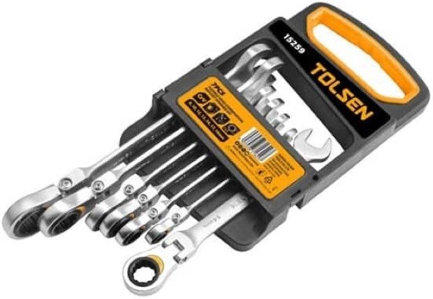 Ключі гайкові Tolsen, набір 7 шт, комбіновані, шарнірні, храповий механізм, 8-19мм, CrV