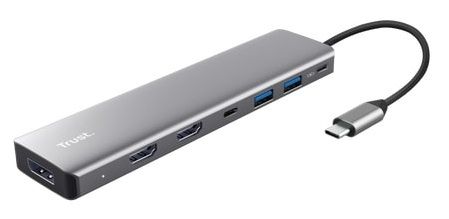 Адаптер Trust Dalyx 7in1 USB-C> 2xUSB-А 3.2/2xUSB-С/2xHDMI/Display Port, Алюміній, 0.16м, Сірий