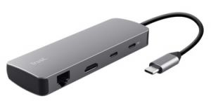 Адаптер Trust Dalyx  8in1 USB-C> 1xUSB-А 3.2/USB-A 2.0/2xUSB-С/HDMI/Ehernet/SD/microSD, Алюміній, 0.15м, Сірий
