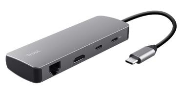 Адаптер Trust Dalyx  8in1 USB-C> 1xUSB-А 3.2/USB-A 2.0/2xUSB-С/HDMI/Ehernet/SD/microSD, Алюміній, 0.15м, Сірий