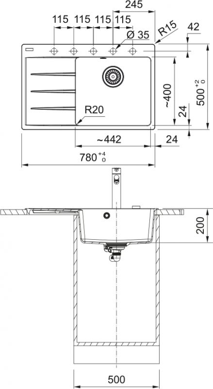Мийка кухонна Franke Centro, фраграніт, прямокутник, з крилом, 780х500х200мм, чаша - 1, врізна, CNG 611-78 TL, сірий камінь