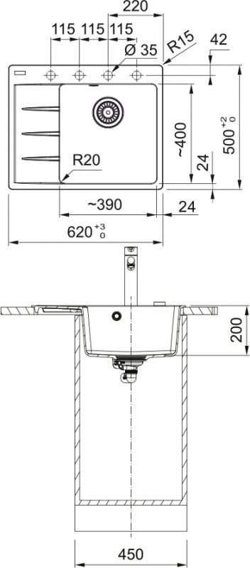Мийка кухонна Franke Centro, фраграніт, прямокутник, з крилом, 620х500х200мм, чаша - 1, врізна, CNG 611-62 TL, сірий камінь