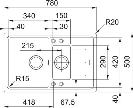 Мийка кухонна Franke Basis, фраграніт, прямокутник, з крилом, 780х500х200мм, чаша - 1,5, врізна, BFG 651-78, чорний матовий