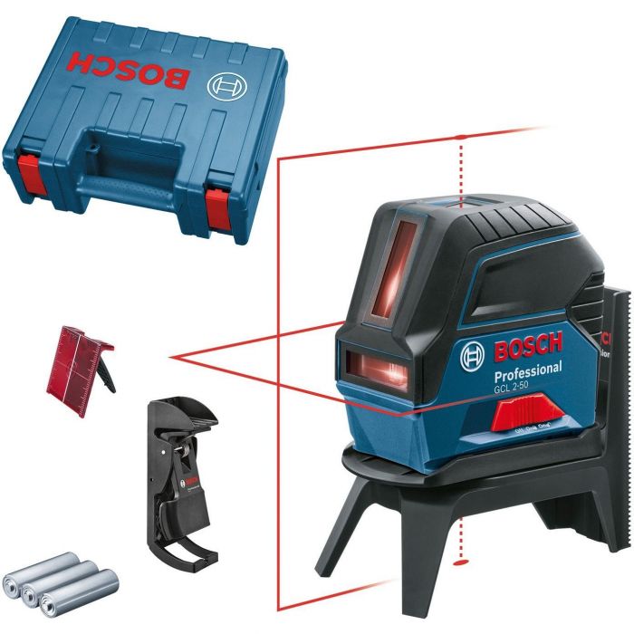 Нівелір лазерний Bosch GCL2-50+RM1+BM3 до 20м, ±0.3мм/м, 4AAx1.5В, IP54, чохол, мішеннь, кейс, 0.6кг