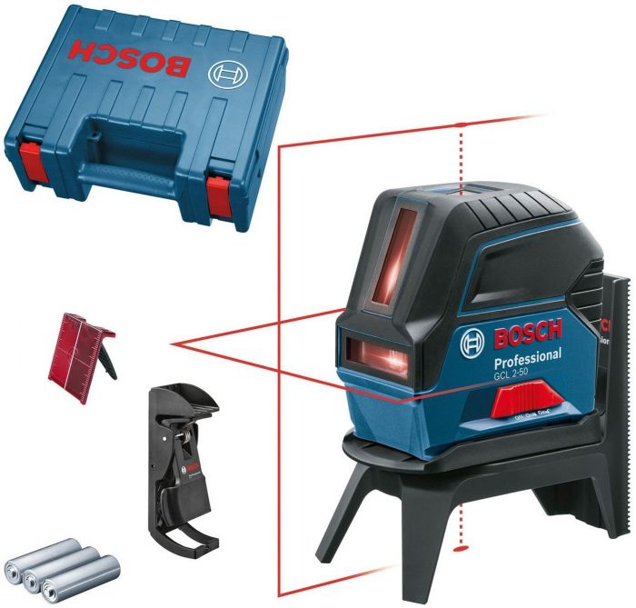 Нівелір лазерний Bosch GCL2-50+RM1+BM3 до 20м, ±0.3мм/м, 4AAx1.5В, IP54, чохол, мішеннь, кейс, 0.6кг