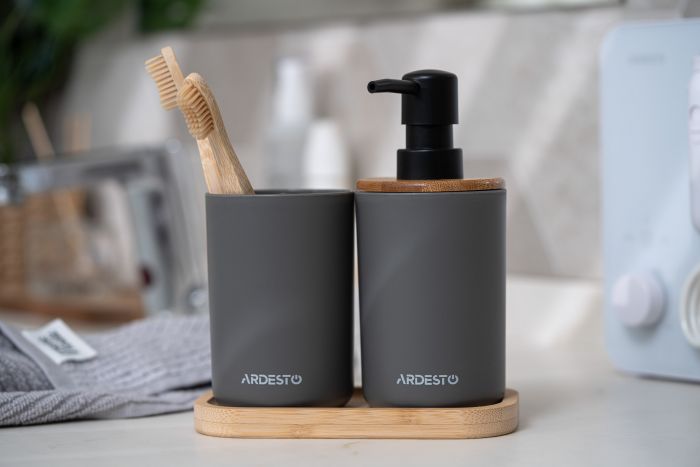 Набір для ванної кмінати Ardesto Minimalism 360мл, 3 предмети, поліпропілен, бамбук, сірий темний