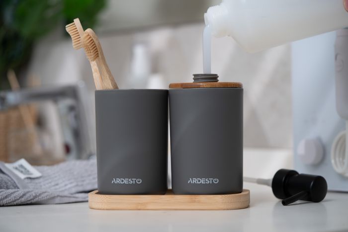 Набір для ванної кмінати Ardesto Minimalism 360мл, 3 предмети, поліпропілен, бамбук, сірий темний