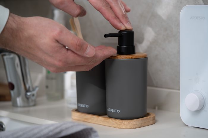 Набір для ванної кмінати Ardesto Minimalism 360мл, 3 предмети, поліпропілен, бамбук, сірий темний