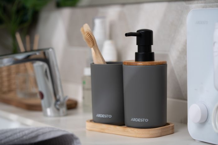 Набір для ванної кмінати Ardesto Minimalism 360мл, 3 предмети, поліпропілен, бамбук, сірий темний