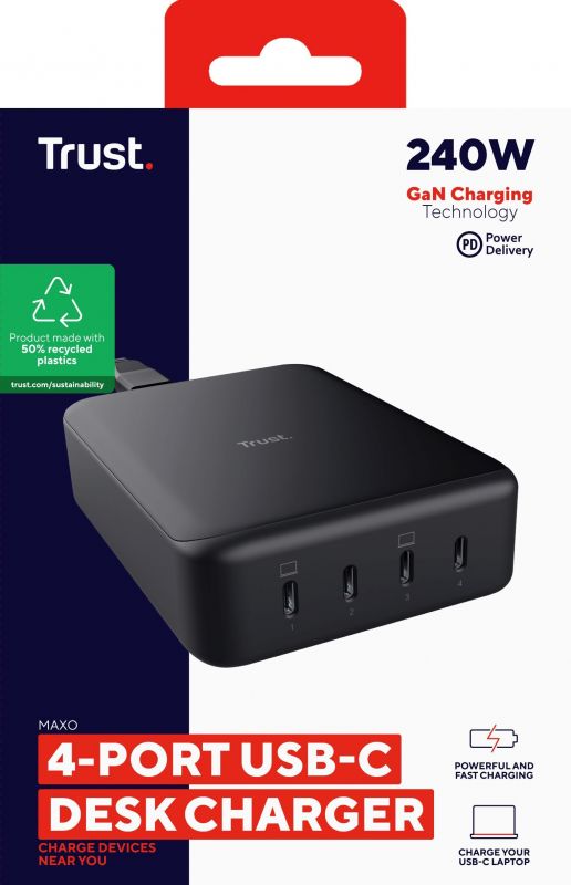 Зарядний пристрій мережевий Trust Maxo 240Вт,GaN, 4xUSB-C,PD, чорний