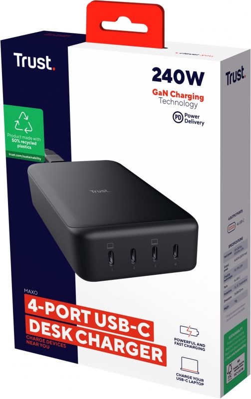 Зарядний пристрій мережевий Trust Maxo 240Вт,GaN, 4xUSB-C,PD, чорний