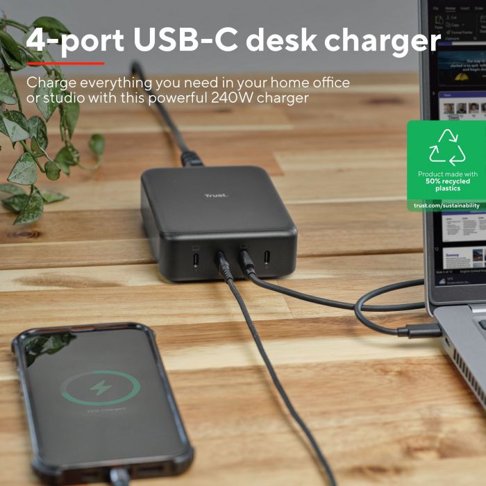 Зарядний пристрій мережевий Trust Maxo 240Вт,GaN, 4xUSB-C,PD, чорний