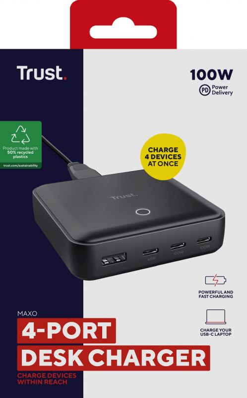 Зарядний пристрій мережевий Trust Maxo 100Вт, 3xUSB-C/USB-A ,PD, чорний