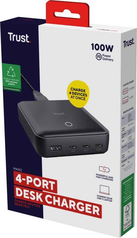 Зарядний пристрій мережевий Trust Maxo 100Вт, 3xUSB-C/USB-A ,PD, чорний