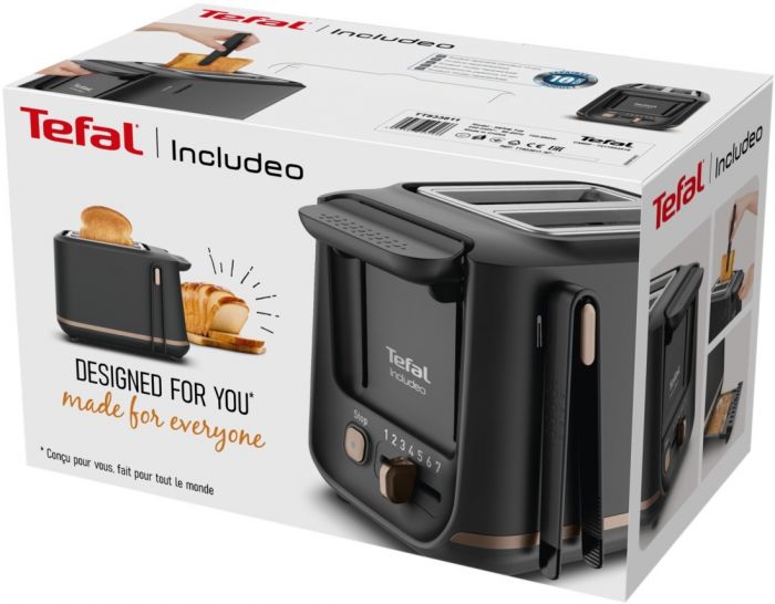Тостер Tefal Includeo 850Вт, розморожування, щипці, термопластик, чорний