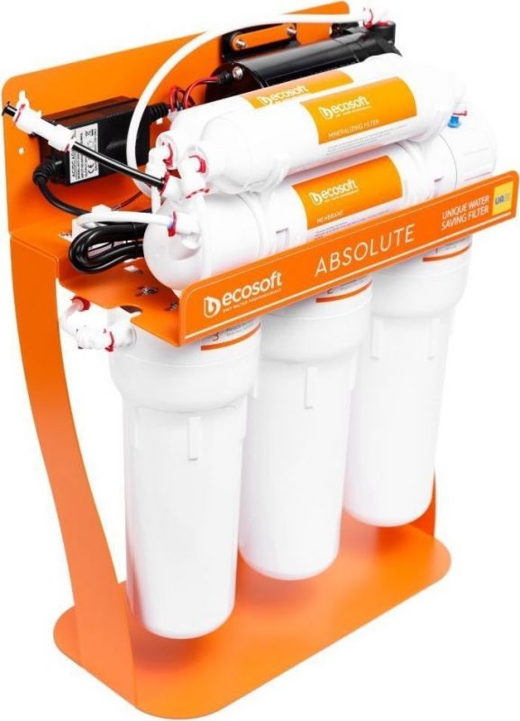 Фільтр зворотного осмосу Ecosoft Absolute з мінералізатором та помпою на станині, мембрана 75gpd DuPont, дренаж 1:1