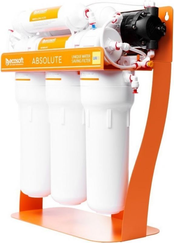Фільтр зворотного осмосу Ecosoft Absolute з мінералізатором та помпою на станині, мембрана 75gpd DuPont, дренаж 1:1