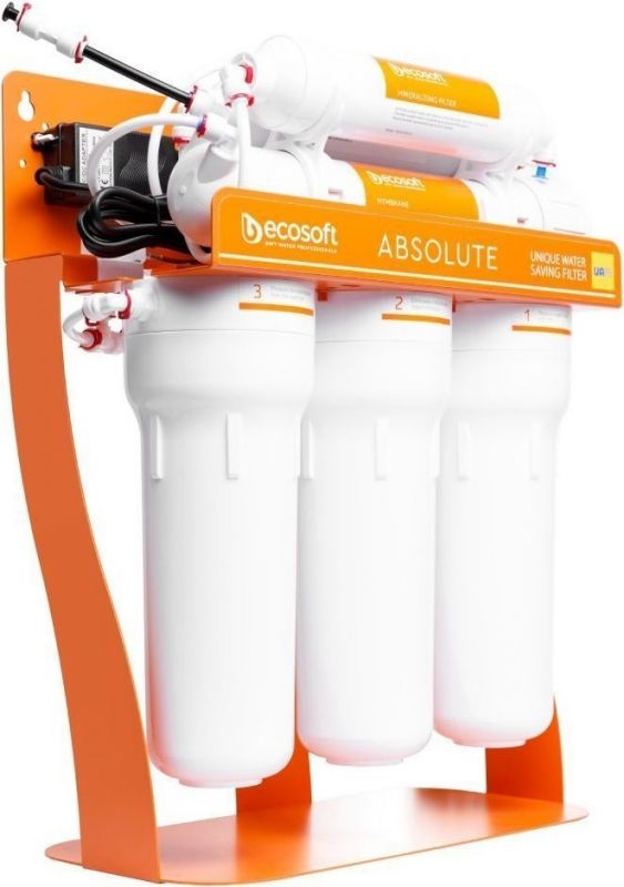 Фільтр зворотного осмосу Ecosoft Absolute з мінералізатором та помпою на станині, мембрана 75gpd DuPont, дренаж 1:1