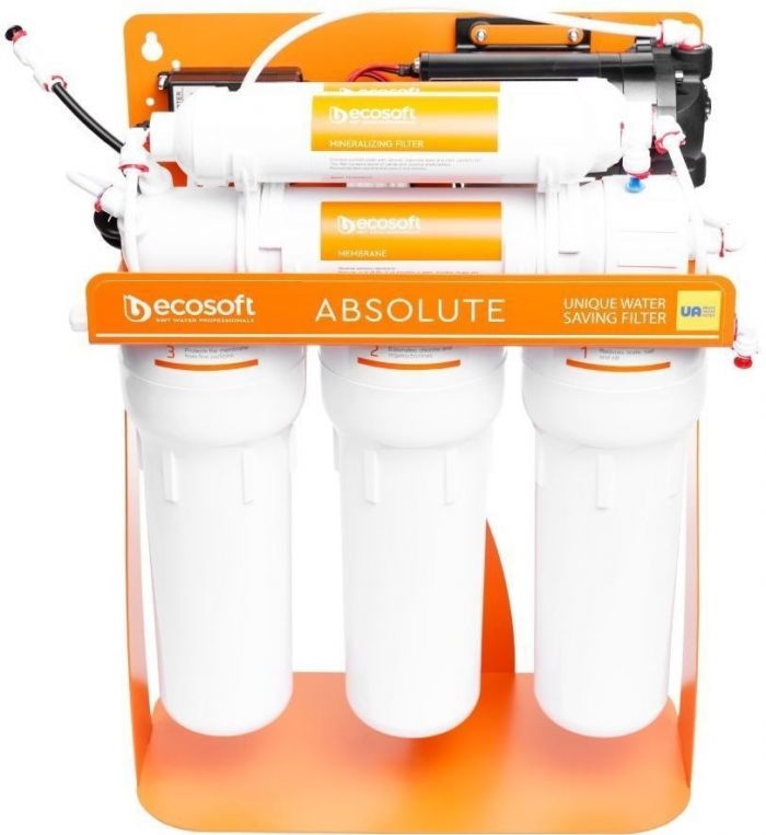 Фільтр зворотного осмосу Ecosoft Absolute з мінералізатором та помпою на станині, мембрана 75gpd DuPont, дренаж 1:1