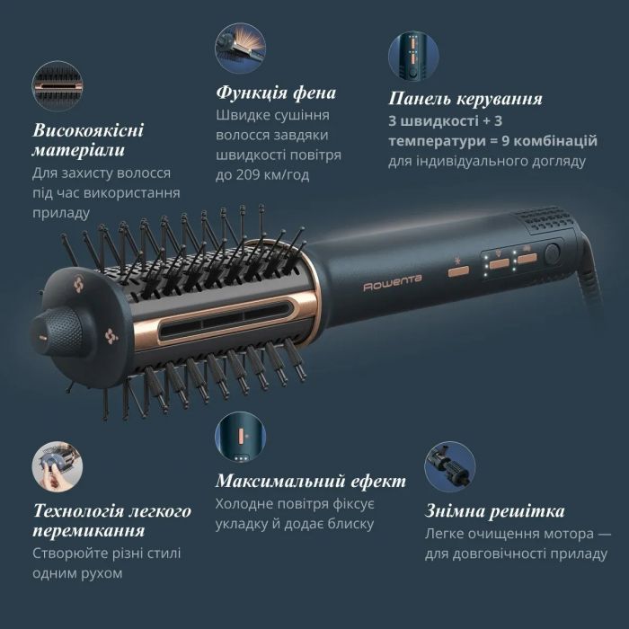 Фен-щітка Rowenta Air Brush 3D, 1200Вт, 3 режими, іоніз-я, хол. обдув, функція фену, кераміка, чорно-золотий