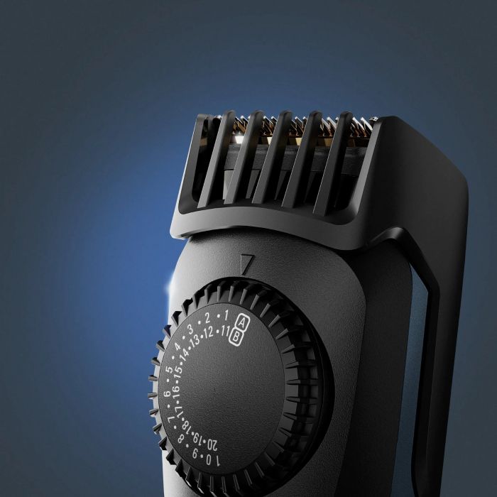 Тример Rowenta Virtuo, для бороди і вусів, мережа+акум., насадок-2, чохол, титан.напил., кейс для зберігання, чорно-синій