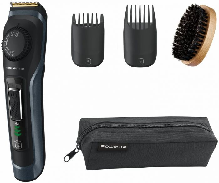 Тример Rowenta Virtuo, для бороди і вусів, мережа+акум., насадок-2, чохол, титан.напил., кейс для зберігання, чорно-синій